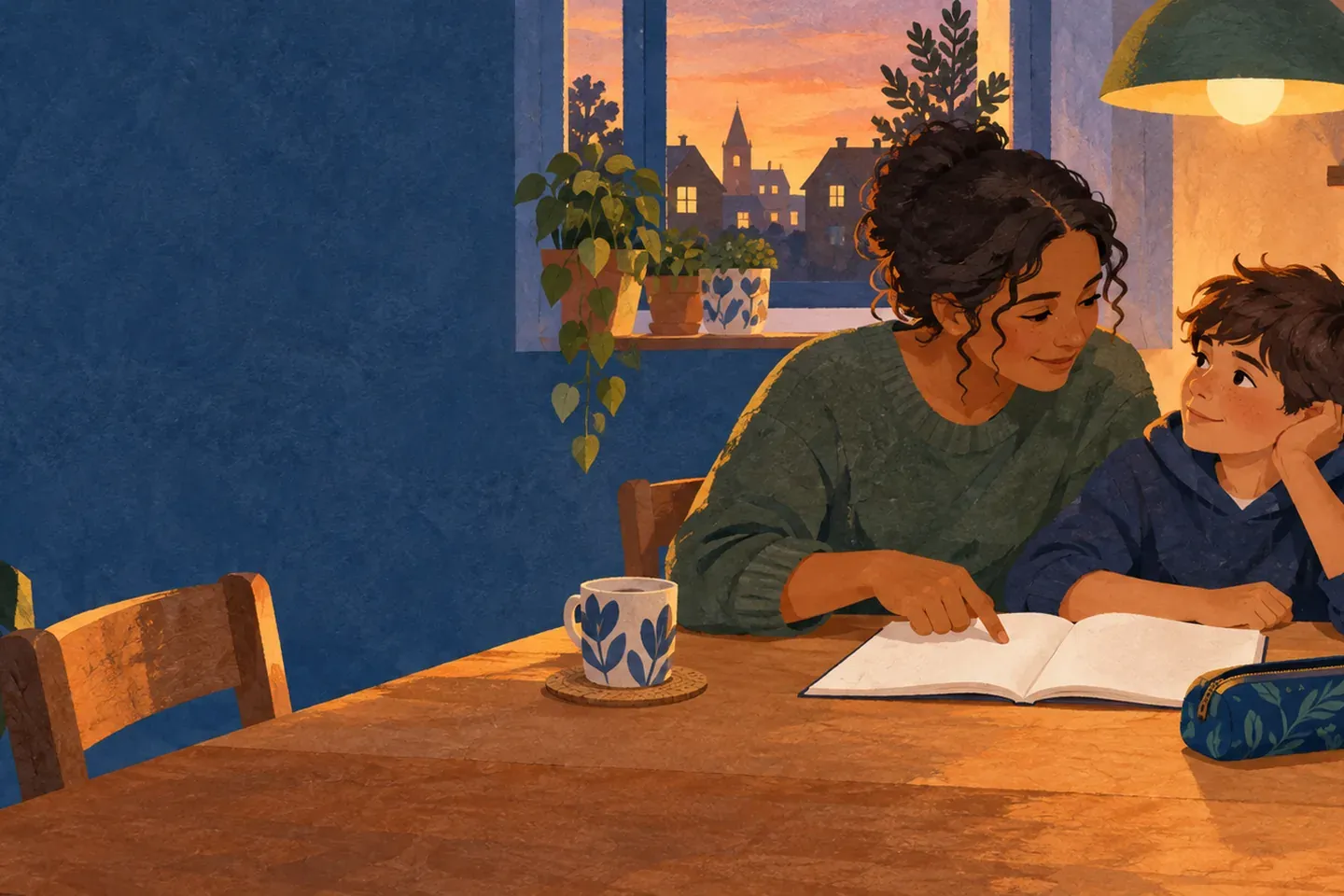 Un parent et un enfant travaillent ensemble à la table de la cuisine, le soir