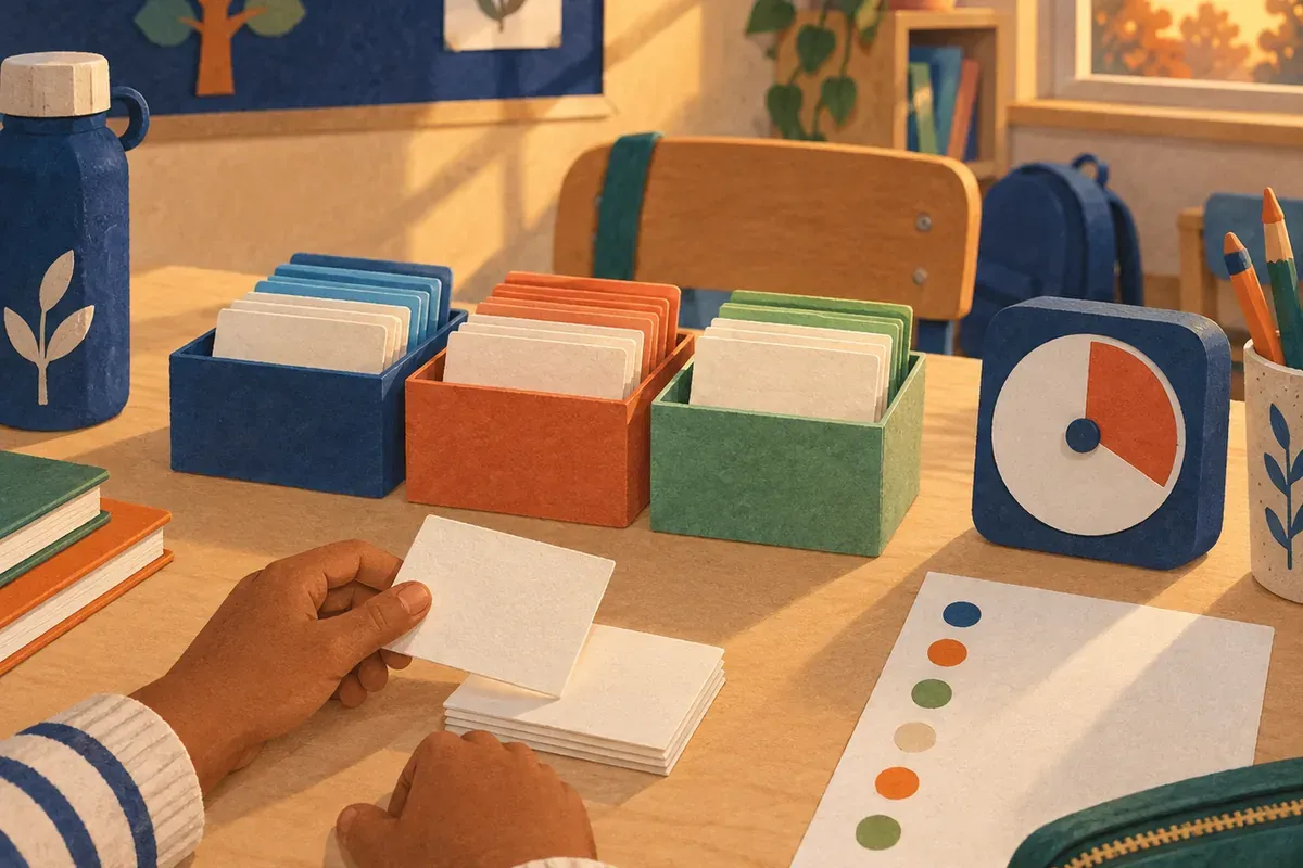 Une élève applique une méthode de travail, fiches et minuteur sur la table